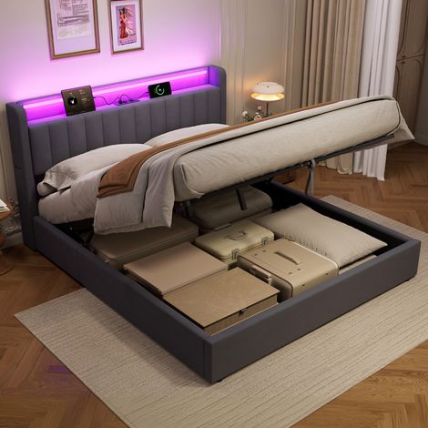 Lit coffre 180×200 pour jeunes avec lumière LED et prises, cadre de lit boxspring avec coffre, lit avec rangement, Gris (sans matelas) (1/5)