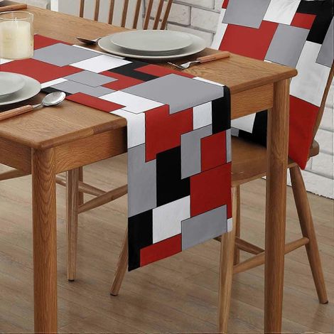Chemin de table en coton et lin, motif géométrique abstrait, blanc, gris, noir et rouge, pour table à manger, cuisine de style campagnard, décoration de fêtes, 33 x 91 cm (1/4)