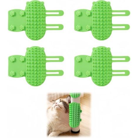 4-Piece Set - Cat Scratch Post - Grooming Brush - Adjustable Angle Cat Face Scratch Brush - Silicone Self-Massaging Comb on Table Leg - Suitable for Long-Haired and Short-Haired Indoor Kittens - Green (1/4)