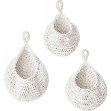 Lot de 3 Corbeilles à Fruits Suspendues en Coton Tressé à la Main, Paniers Muraux Boho pour Fruits et Légumes, Filet de Rangement Suspendu pour Cuisine, Salle de Bain et Salon, Blanc (1/5)