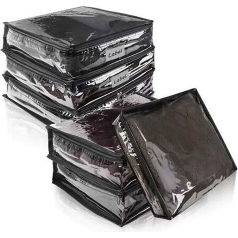 Sacs de rangement transparents et noirs pour vêtements, 40 x 35 x 10 cm, lot de 6 pochettes de rangement pliables à fermeture éclair (1/5)