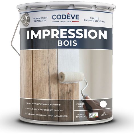 Codève Bois – Impression bois 5 L – RAL 9010 blanc pur – Pour bois foncé, taché ou nuancé – Accrochage renforcé, bonne adhérence même humide (1/5)