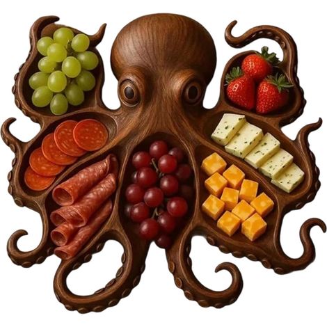 Plateau apéro bois forme poulpe, 7 compartiments, service fromages/sauces/charcuterie/noix, bol snack. (1/5)