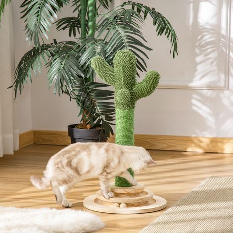 Arbre à chat cactus en bois de pin et corde de sisal, 60 cm, avec balle en bois – griffoir vertical naturel vert pour chat (1/4)
