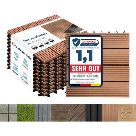 Floordirekt – Dalles de terrasse WPC marron clair 30x30 cm – Lot de 11 pièces – Système de clic – Résistantes aux intempéries – Fonction de drainage