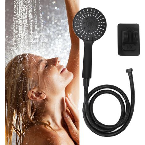Dreiteiliges schwarzes Duschset A008, bestehend aus einem breiten Duschkopf, einem Duschkopf mit fünf Druckstufen, einem Warmwasserbereiter, einer Handbrause und einer Regendusche. (1/5)