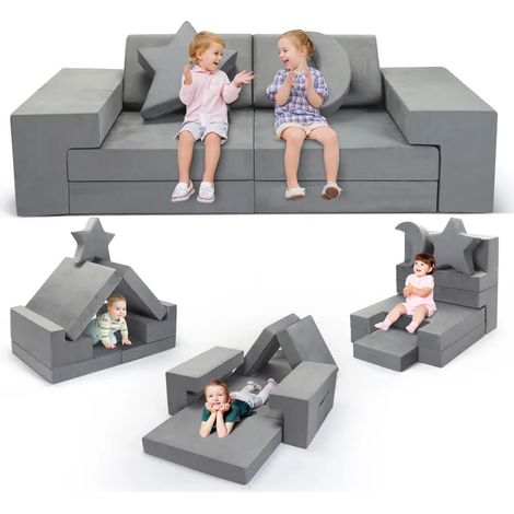 Ensemble de canapé modulable 9 pièces pour enfants, canapé jeu transformable château gris, motifs lune et étoiles