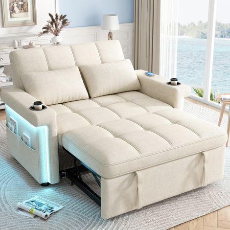 Canapé-lit 2 places convertible avec LED, USB/Type-C, dossier réglable, beige HAVRYA (1/5)