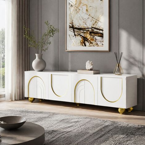 REDOM TV-Schrank 170x38x44 cm, vier Türen, Push to Open, goldene Beine, Spanplatte, Weiß (1/5)