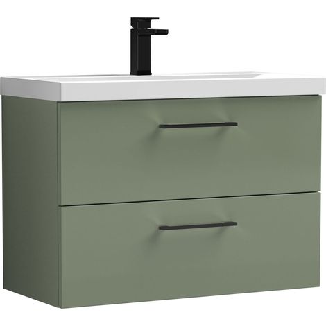 Balterley 800mm Wall Hung Bathroom 2 Drawer Vanity Unit and 1 Tap Hole Ceramic Basin, Satin Green with Black Handles