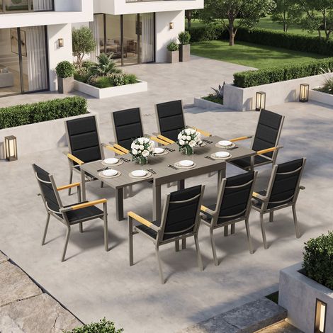Ensemble Table Chaise Jardin 8 personnes,Table Jardin Chaise en Aluminium,8 Chaises Jardin Accoudoirs Imitation Bois et 1 Table Jardin Extensible (80/160 cm),Imperméable,Antirouille,Tout Temps,Marron (1/5)