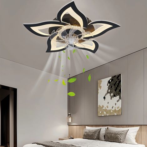 Ventilateurs de plafond 69cm encastrés simples en forme de fleur LED ventilateur lumières avec télécommande chambre noir blanc 6 vitesses LED ventilateur lumière, Noir (1/5)