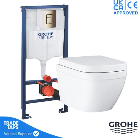 GROHE EURO Rimless Wall Hung Toilet WC Pan with GROHE 1.13m Concealed Cistern Dual Flush Frame - Brushed Cool Sunrise (1/5)