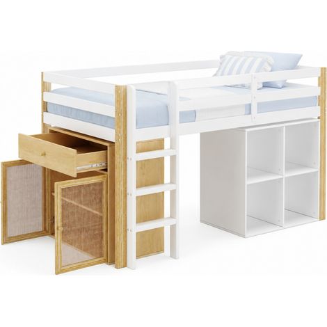 Lit mezzanine enfant 90 x 200 cm avec 2 rangements et échelle, sans matelas, bois clair et blanc, chambre pratique et ordonnée - CHICFURN (1/5)