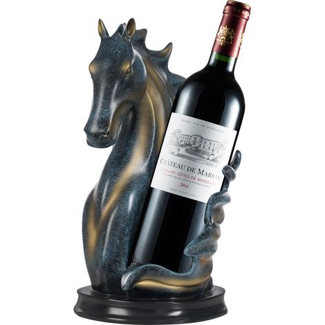 Porte-bouteille de vin - Étagère à vin - Plateau de table - Statue de cheval - Pour la maison, la cuisine, la cave à vin - Rangement décoratif - Sculpture de cheval - Cadeau (bleu + doré) (1/5)
