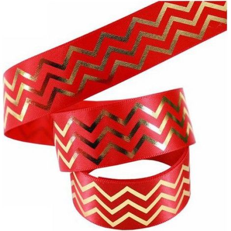 Ruban d'emballage décoratif - 25 mm de largeur - Polyester résistant - Finition satinée - Couleur rouge - Feuille d'or (1/5)