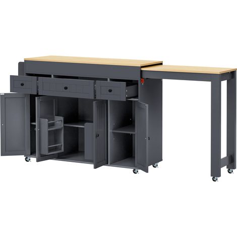 Îlot de cuisine mobile avec plateau extensible, étagère à épices et tiroirs, Gris (1/5)