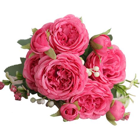 3 bouquets de 5 roses persanes artificielles, bouquet de roses rouges, noué à la main, pour mariage, salon ou décoration intérieure. (1/5)
