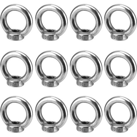 Lot de 12 écrous à œillet de levage M10 304 en acier inoxydable en forme d'anneau - Vis à œil filetées femelles pour accessoires de levage