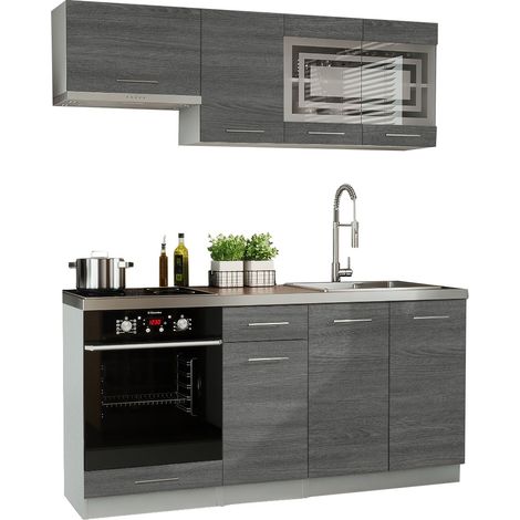 Dusine – Cuisine complète GIOVANNA 6 éléments – Bois grisé 1,80m – 3 meubles hauts et 3 bas – Portes vitrées et four encastrable (1/2)