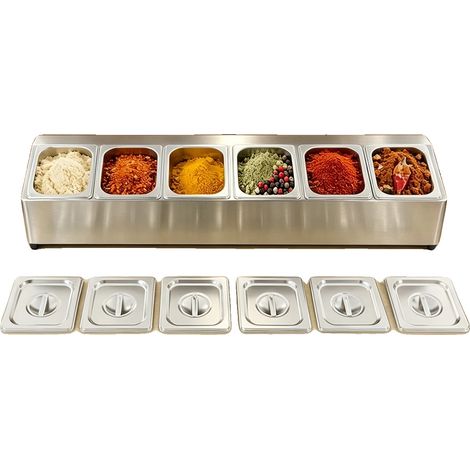 Pizza Belag Station, 201 Edelstahl, 104 x 22,5 x 22 cm, 6 Behälter, 1,5L Kapazität, Elektrolyse- und Schweißoberfläche (1/5)