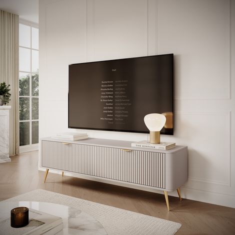 Mueble Tv Kalase, un Estante, 2 Puertas, Efecto Rayado con Patas, 163x38x51h cm Blanco (1/5)