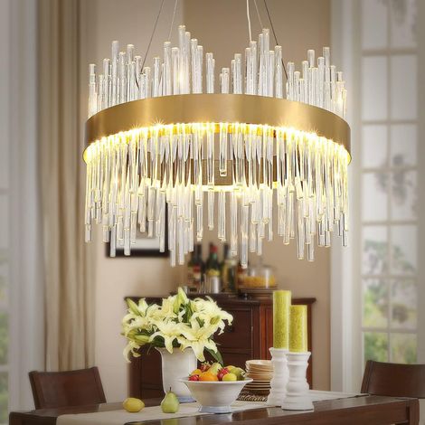 1 Lustre Moderne, Cristal, Cadre Métal Doré, LED 3 Couleurs, Pour Entrée Salon Cuisine