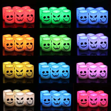 Bougies LED sans flamme d'Halloween avec minuterie à distance, couleurs changeantes, alimentées par piles, parfaites pour la décoration intérieure d'Halloween (lot de 6, 3,8 cm x 5 cm) (piles incluses (1/5)