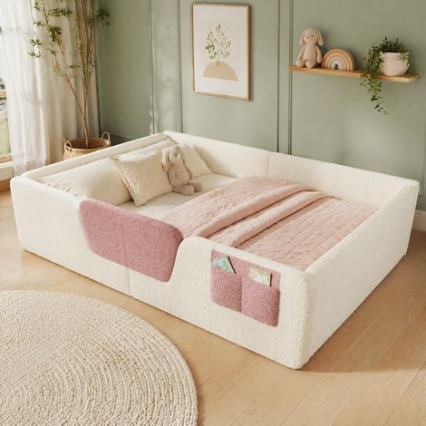 Cama tapizada 140x190 cm en terciopelo beige, con barreras de seguridad desmontables y bolsillo de almacenaje (1/5)