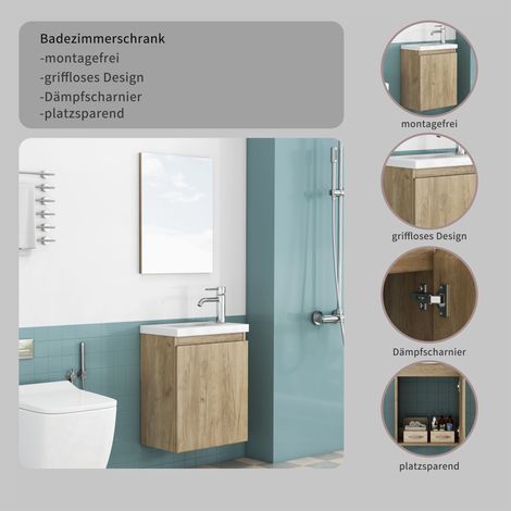 Meuble salle de bain suspendu 40 cm effet bois, plan vasque compact vasque céramique miroir, design sans poignée, charnières freinées, prémonté, coloris bois (1/5)