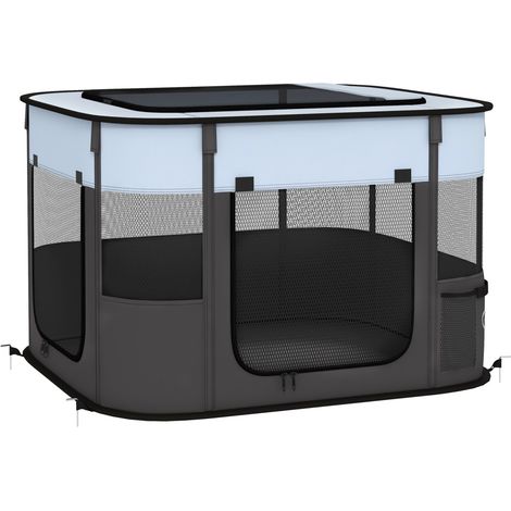 Chenil, enclos & parc chien pliable gris 74x60x45 cm. Pour chiots 4 kg, intérieur/extérieur, maille respirante, portes et fenêtres (1/5)