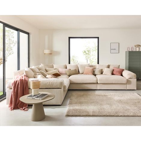 Lisa Design – Canapé d'angle réversible 5 places – assise profonde en velours côtelé – beige – structure en bois massif – style contemporain (1/5)