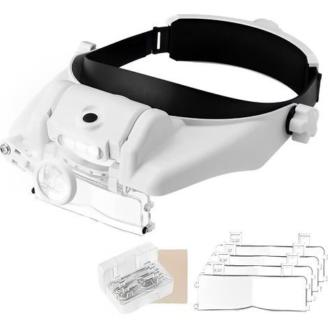 LED-Kopflupe – 15 Vergrößerungsstufen – 6 Linsen (1,5x bis 13x) – Ohne Griff – für Schmuckherstellung, Uhrenreparatur, Wimpernverlängerung, Bastelarbeiten und zum Lesen (1/5)