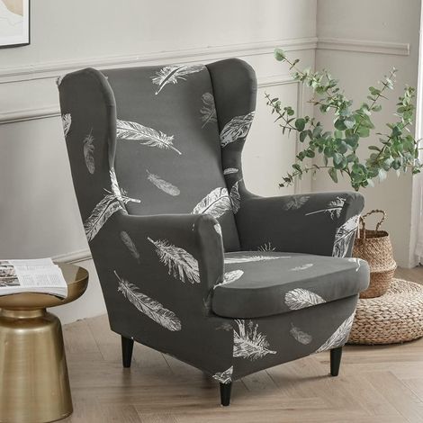 2-Piece Stretch Wingchair Cover Armchair Cover with T-Cushion Cover,Printed Non-Slip Armchair Slipcover,for Living Room,Hotel,Bedroom (White Feather) (1/5)