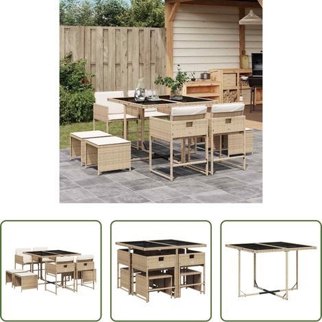 Gartentisch - 9-tlg. Garten-Essgruppe mit Kissen Beige Poly Rattan (1/5)
