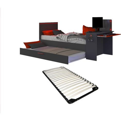 Lit gigogne gamer2 x 90 x 200 cm - Avec bureau - LEDs - Anthracite et rouge + Sommier - VOUANI