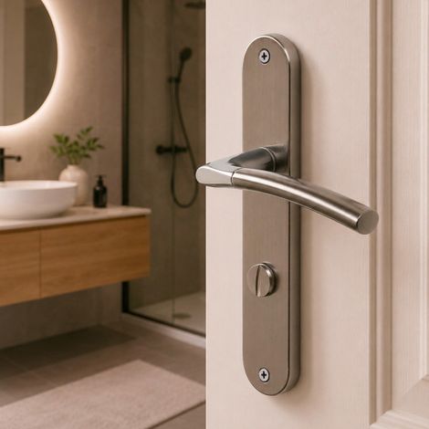Ouvre&Déco - 2 poignées de porte FINESSE en zamak bicolore nickel / nickel mat – Entraxe 195 mm – Condamnation WC / salle de bains – Style contemporain (1/5)