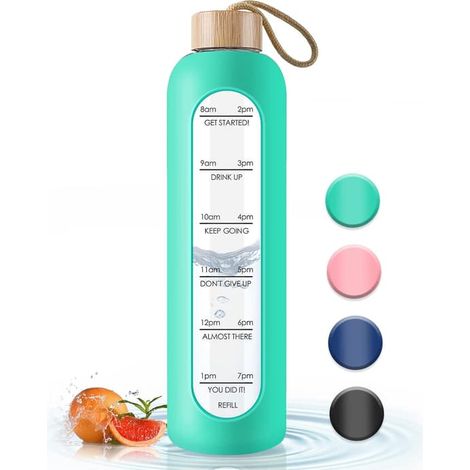 Bouteille d'eau en verre avec couvercle en bambou - Gourde de sport de 1000 ml avec indicateur de temps, housse en silicone anti-écrasement réutilisable pour le fitness, la salle de sport et les activ (1/5)