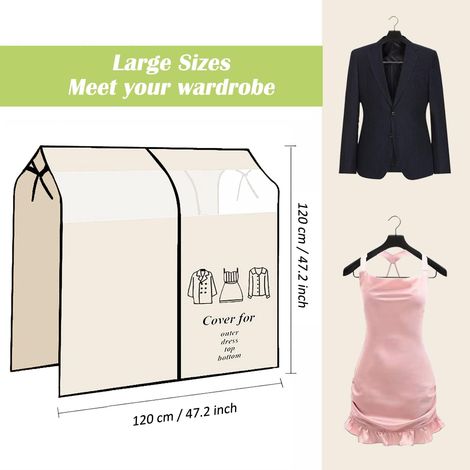 Housses de Vêtements, 120x120 cm Transparent Fenêtre Anti-Poussière Vêtements Housse Protège Portant Universelle Garment Covers pour Chemise Costumes Manteaux Clothes (Beige) (1/5)