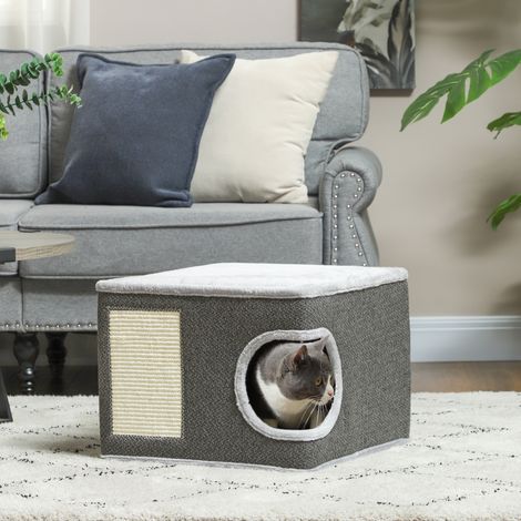 Tonneau griffoir chat arbre à avec plate forme supérieur en peluche et sisal 45 x x 35 cm gris anthracite (1/5)