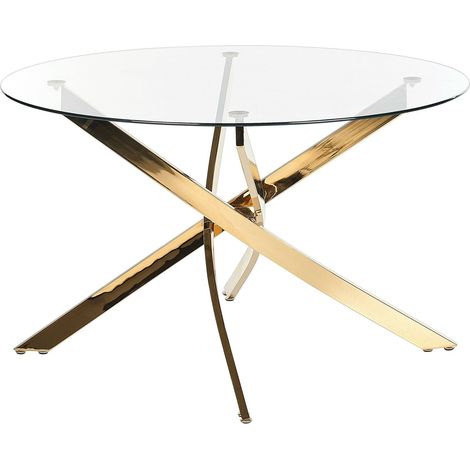 Beliani – Table de salle à manger ronde 120 cm – Plateau en verre trempé – Pieds en métal doré – Pour 4 personnes – Style glamour