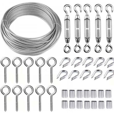 Corde en Acier Inoxydable à Suspendre Kit,30M/2mm Câble en Acier Inoxydable Revêtu avec M5 Tendeurs,Kit Cable Métallique 2mm pour Plantes Grimpante,Corde a linge,Rambarde,Cable de Garde Corps (1/5)
