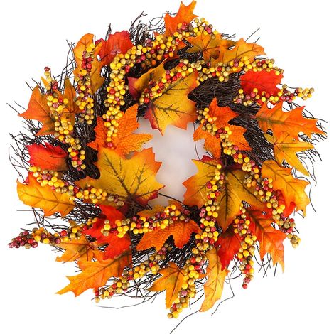 Couronne D'Automne - 43 Cm - Feuilles D'Érable Et Baies - Décoration Porte Extérieure - Pour Halloween Action De Grâce Récolte - 1 Pièce (1/5)