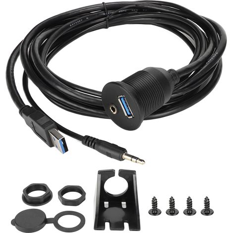 Câble affleurant pour montage sur voiture de 2 m, port USB 3.0 AUX DC 3,5 mm pour bateau et moto avec indicateurs LED