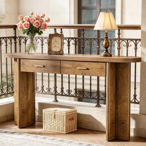 Console ovale en bois de style campagnard avec 2 tiroirs et espace de rangement pour salon ou chambre (1/5)