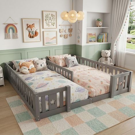 Kinder-Einzelbett 90x200/180x200 cm aus Massivholz - Hausbett mit Sternenmotiv, Rausfallschutz und Lattenrost - Robustes Montessori-Bettgestell - Grau