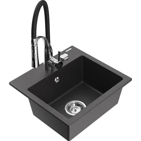 Mexen Milo 1-Becken-Granit-Spüle mit Mischbatterie Aster, Schwarz gesprenkelt - 6505-76-73450-07 (1/5)