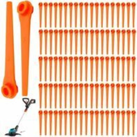Packung mit 100 Ersatzklingen aus Kunststoff für Gardena Rasentrimmer 9823, 9825, 9820 und 9821. Klingenlänge: 70 mm. (1/4)