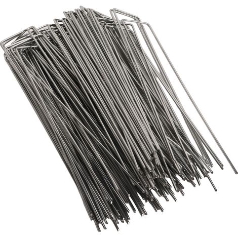 Lot de 100 piquets de jardin en acier galvanisé en forme de U, pour la pose de toiles de paillage et la décoration de gazon synthétique. Épaisseur : 2,5 mm / 0,10 pouce. (1/5)