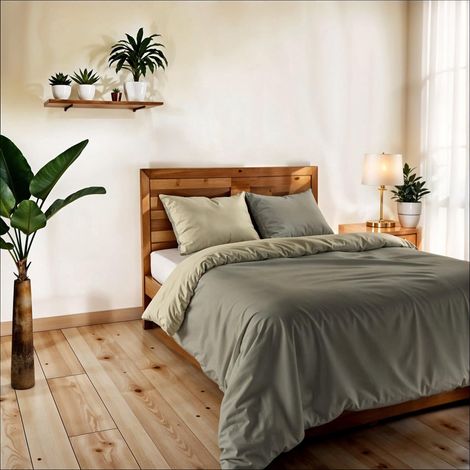 Housse de Couette Une Place et demie, uni réversible, Parure de Couette, avec Housse de Couette 200×200 cm, Rabat 20+50 cm + Paire de taies d’Oreiller 50×80 cm Taupe/crème (1/5)